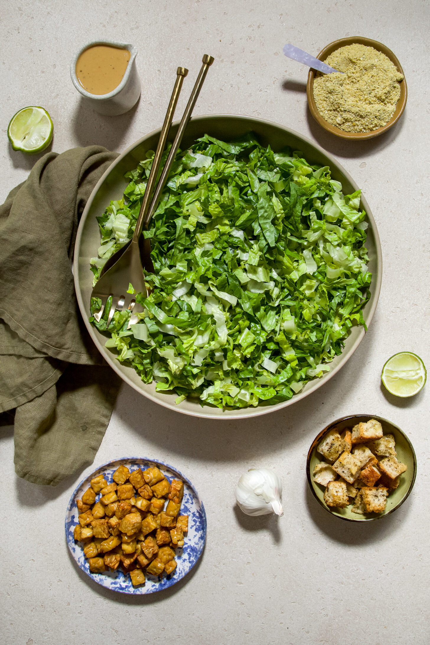 vegan lime caesar salad with tempeh bacon