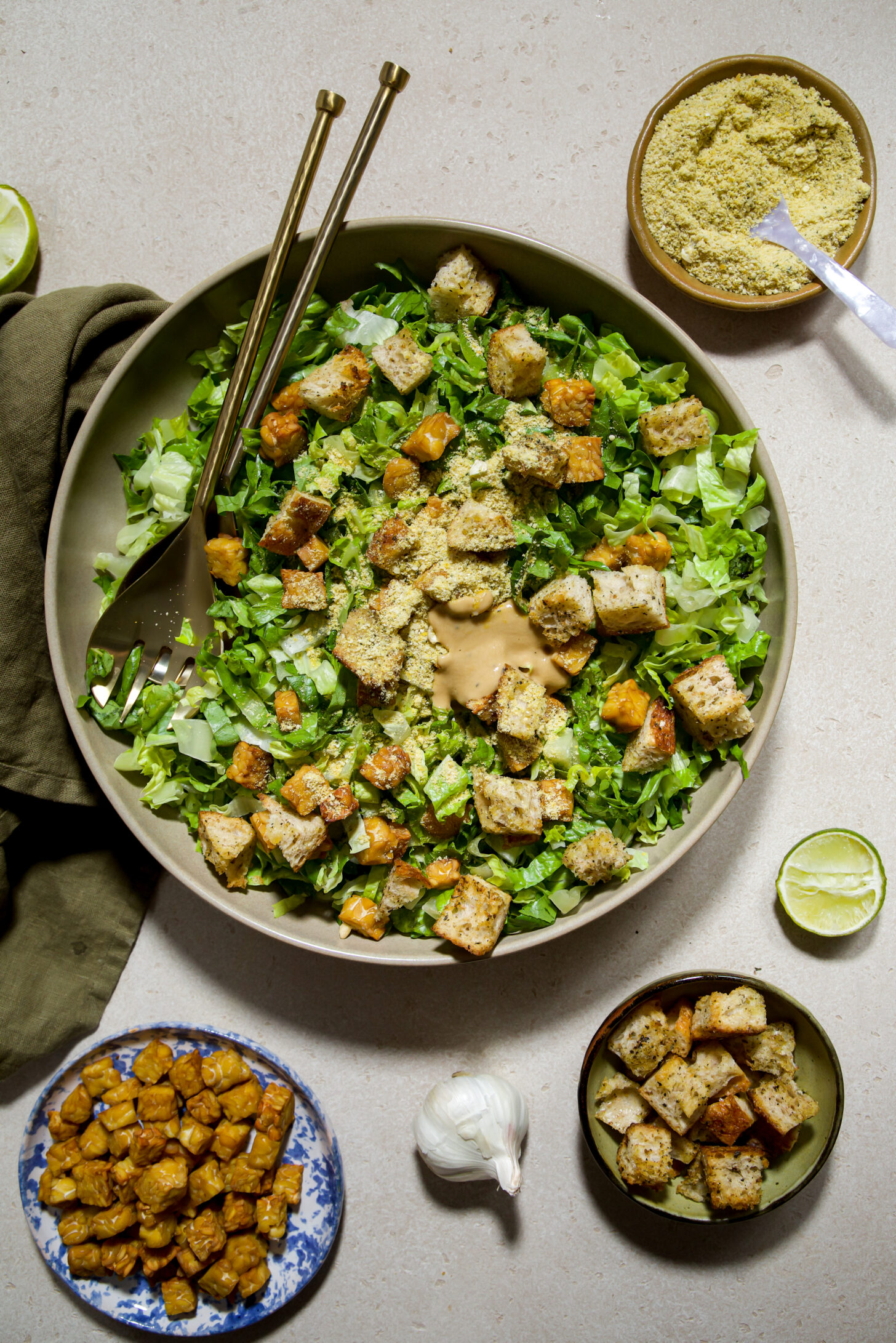 vegan lime caesar salad with tempeh bacon