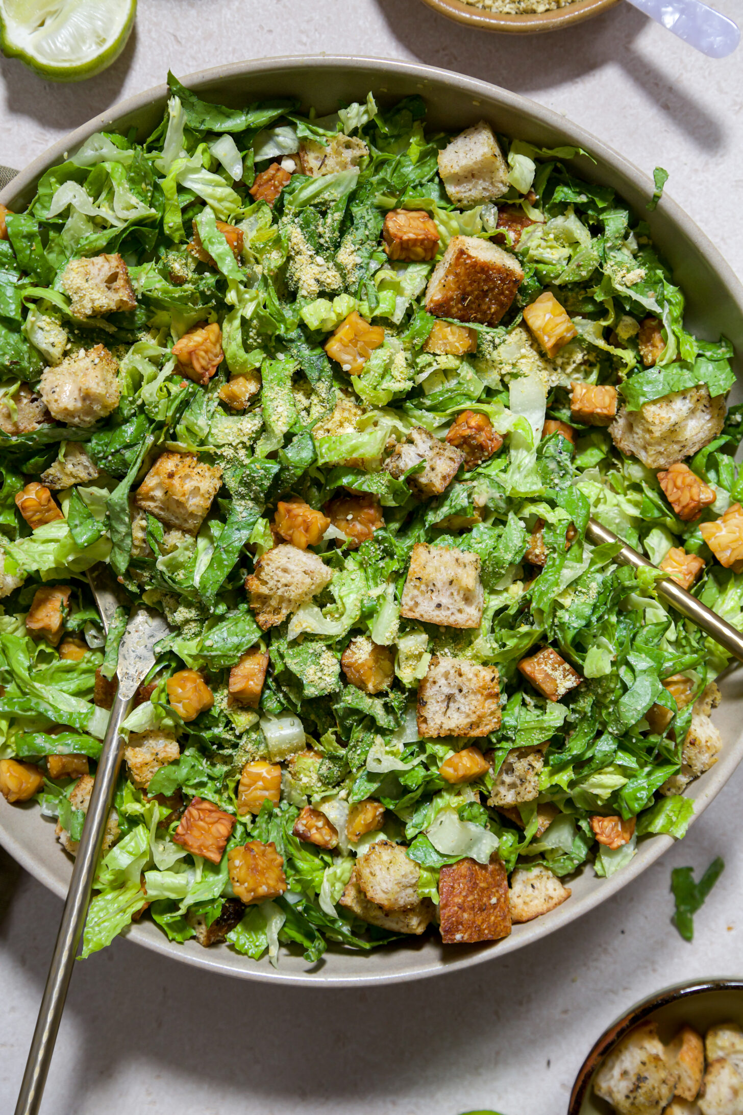 vegan lime caesar salad with tempeh bacon