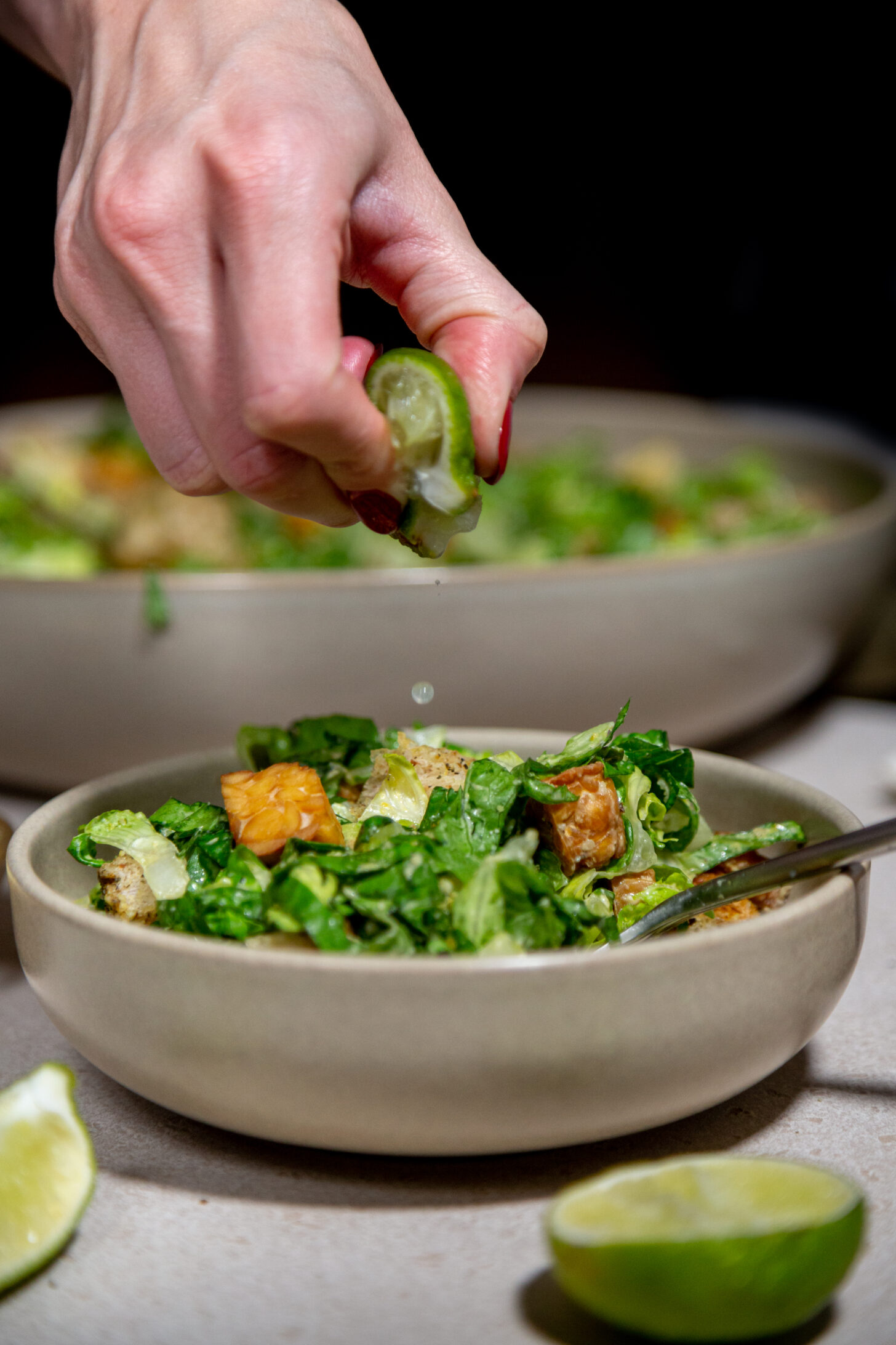 vegan lime caesar salad with tempeh bacon