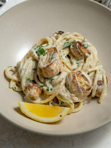 vegan scallop scampi in a creamy lemon sauce