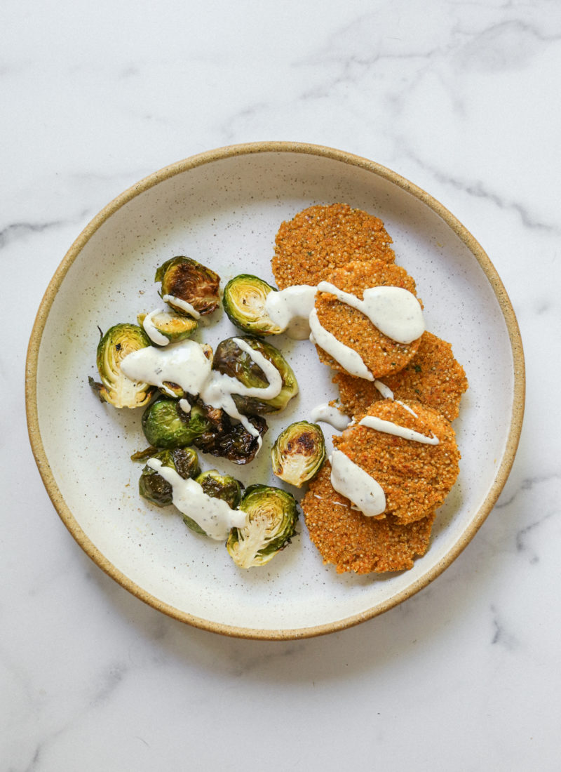crispy quinoa cakes and brussels sprouts