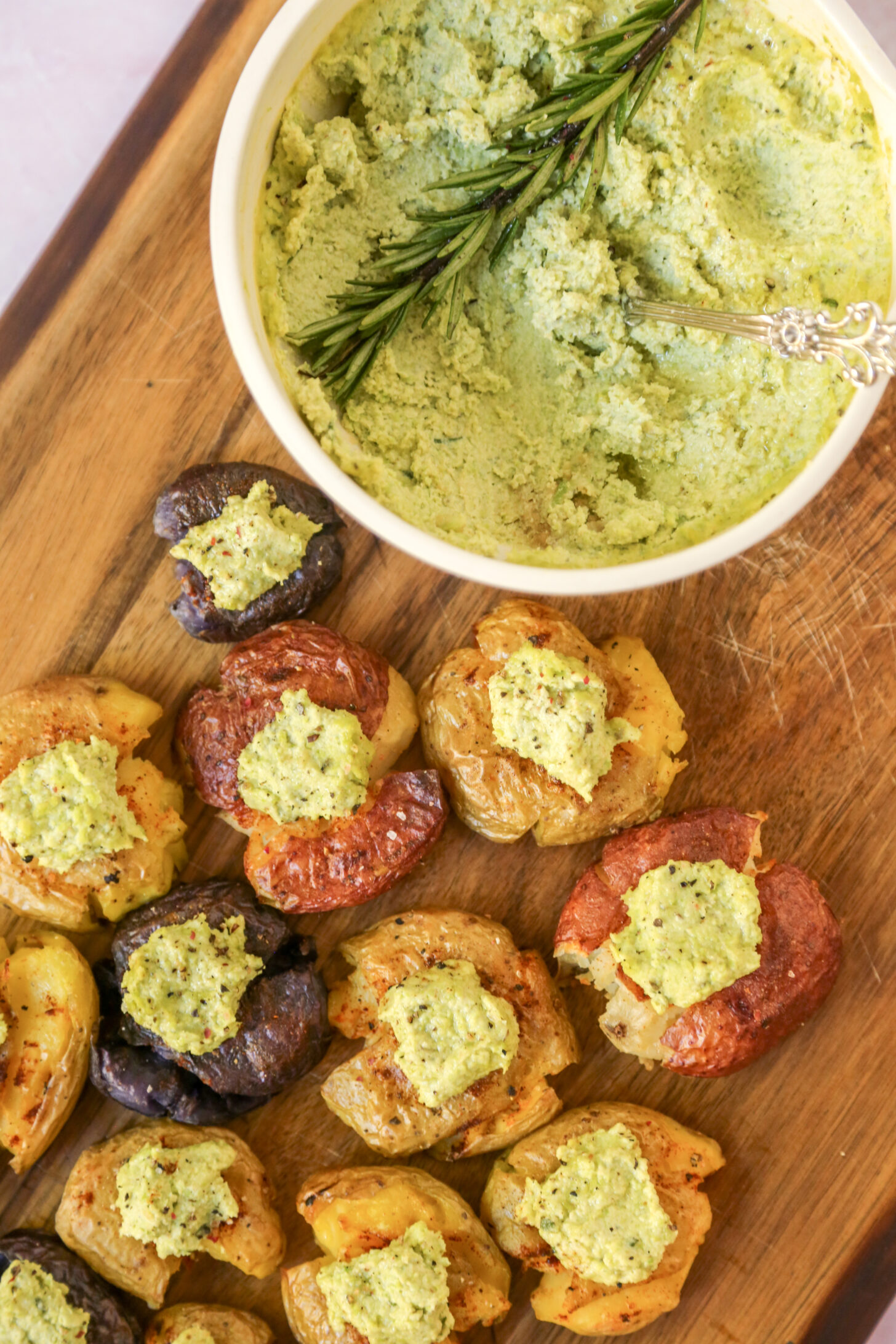 smashed potatoes with edamame hummus