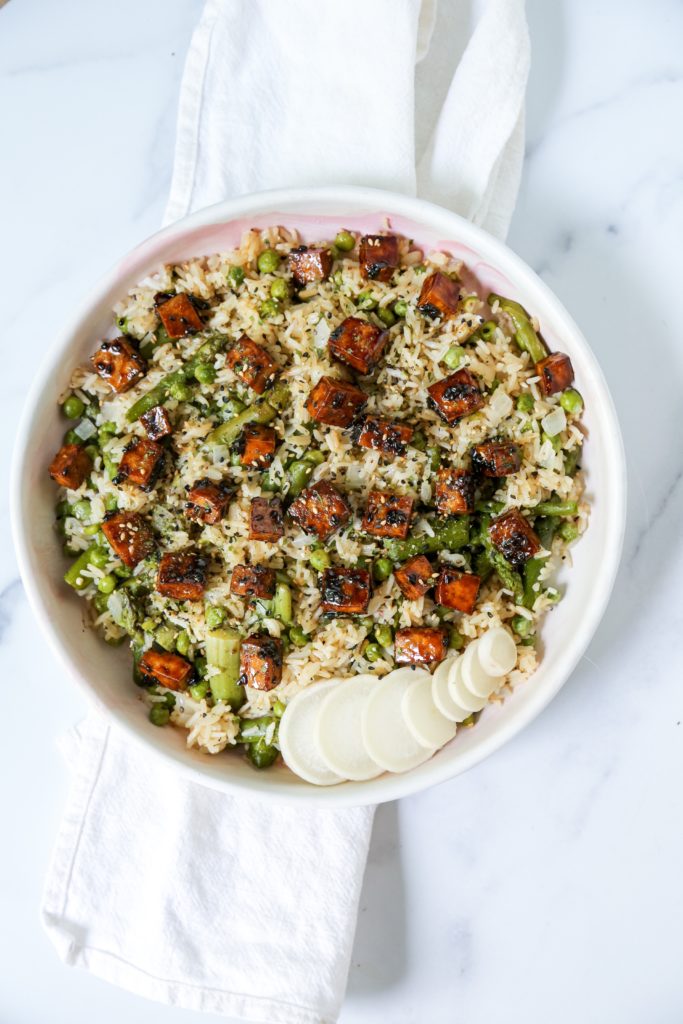 blood orange teriyaki tofu with asparagus pea fried rice