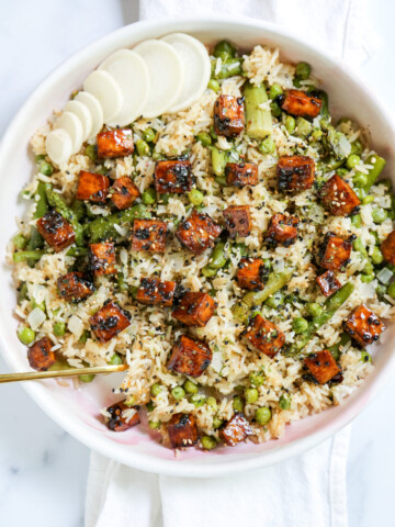 blood orange teriyaki tofu with asparagus pea fried rice