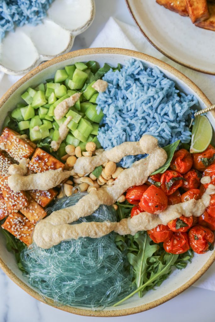 vegan blue majik bowl with tahini
