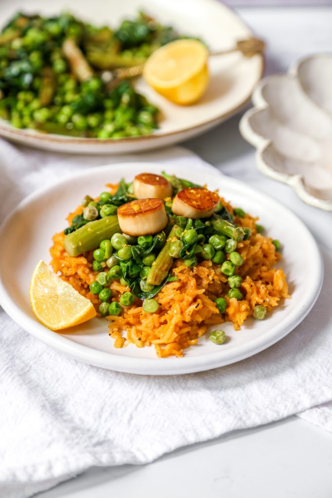 spring brown rice risotto with vegan scallops