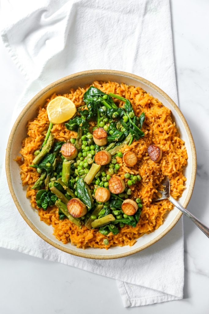 spring brown rice risotto with vegan scallops