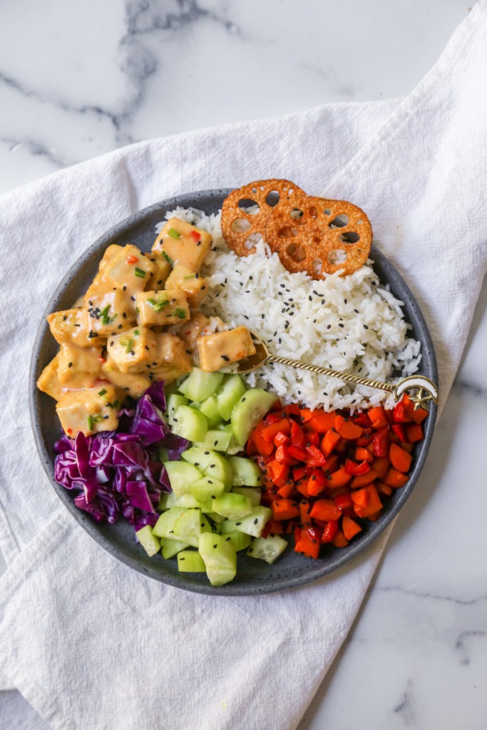 crispy rock tofu bowl with lotus chips and veggies