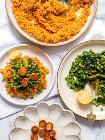 Spanish Rice with Vegan “Scallops” and Spring Vegetables