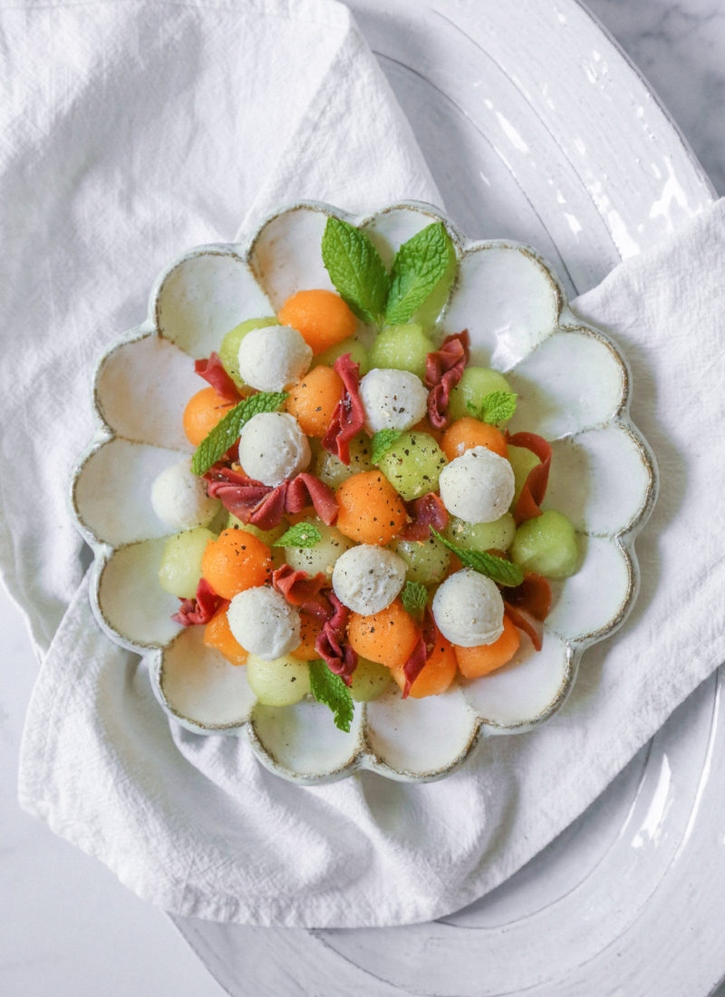 Vegan Melon Caprese Summer Salad with Mozzarella and Prosciutto