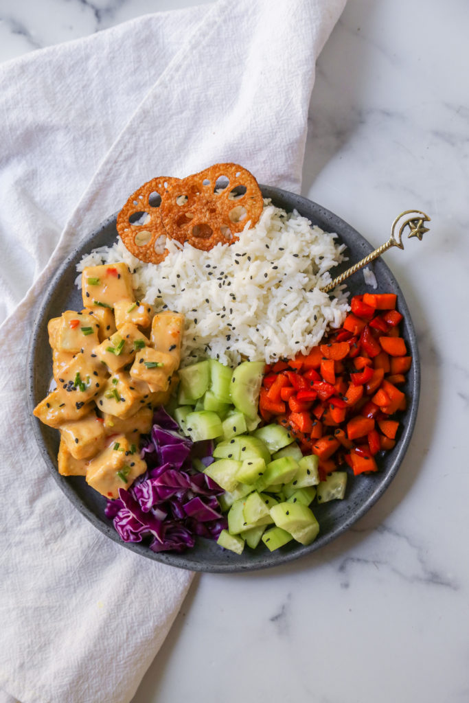 crispy rock tofu bowl with veggies and lotus chips