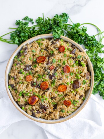 mushroom pea risotto with vegan scallops