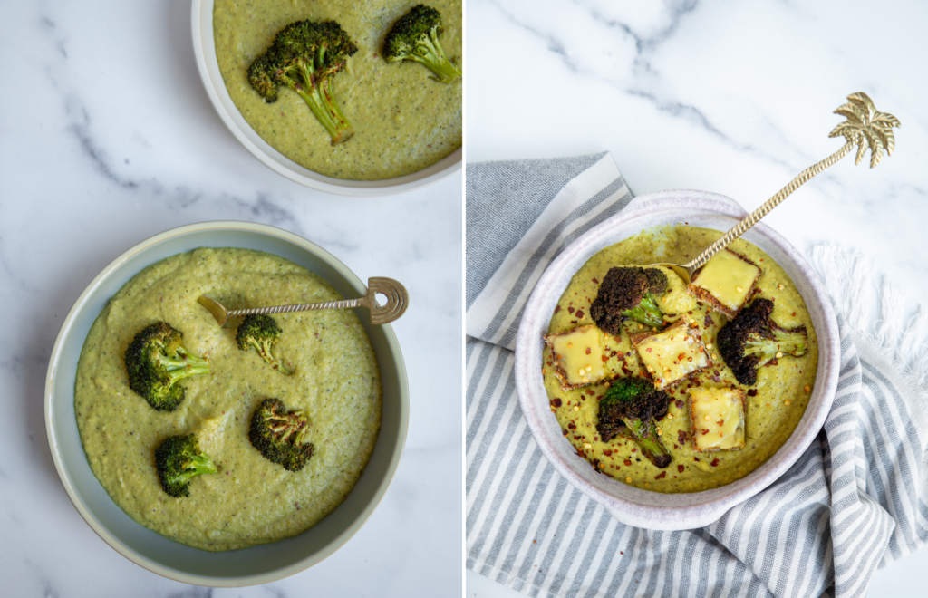 vegan broccoli cheddar soup with mini grilled cheese