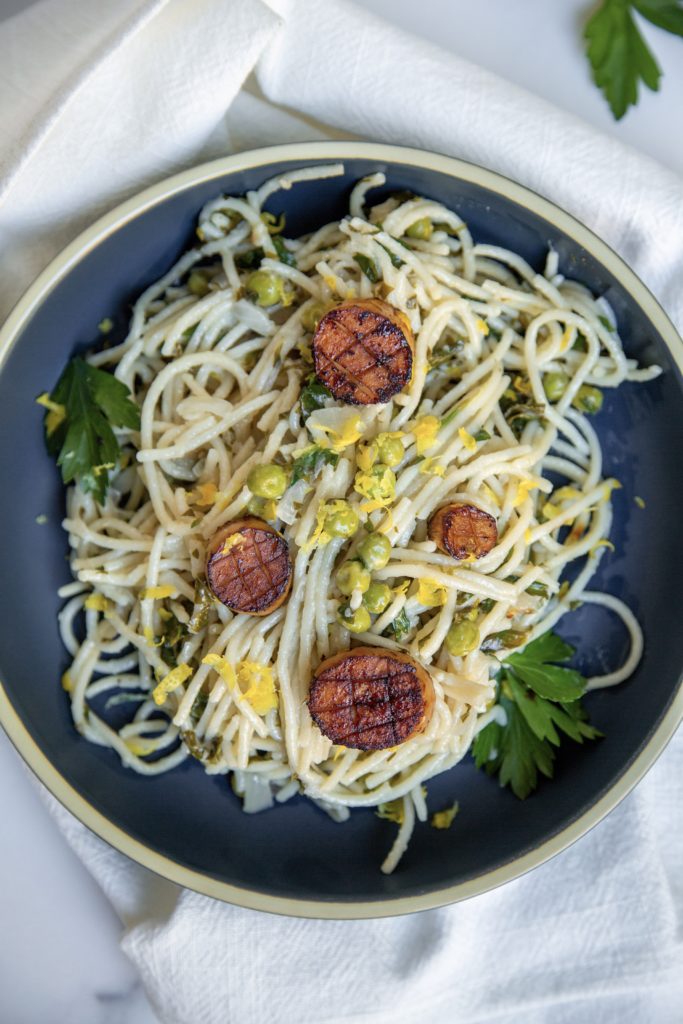 vegan seafood pasta with mushroom scallops