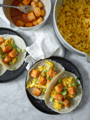 vegan asian tacos with crispy rock tofu and cabbage slaw