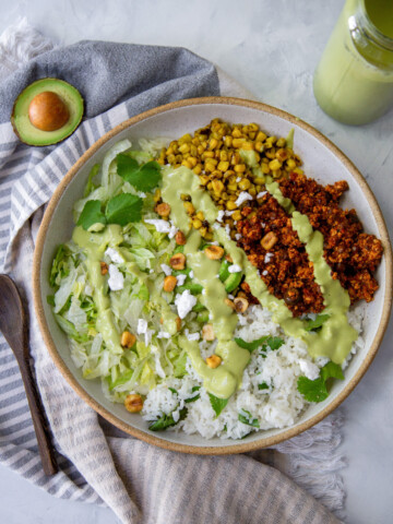 street corn bowl with tofu lentil picadillo