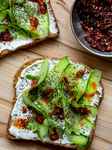 cucumber toast cream cheese chili crisp