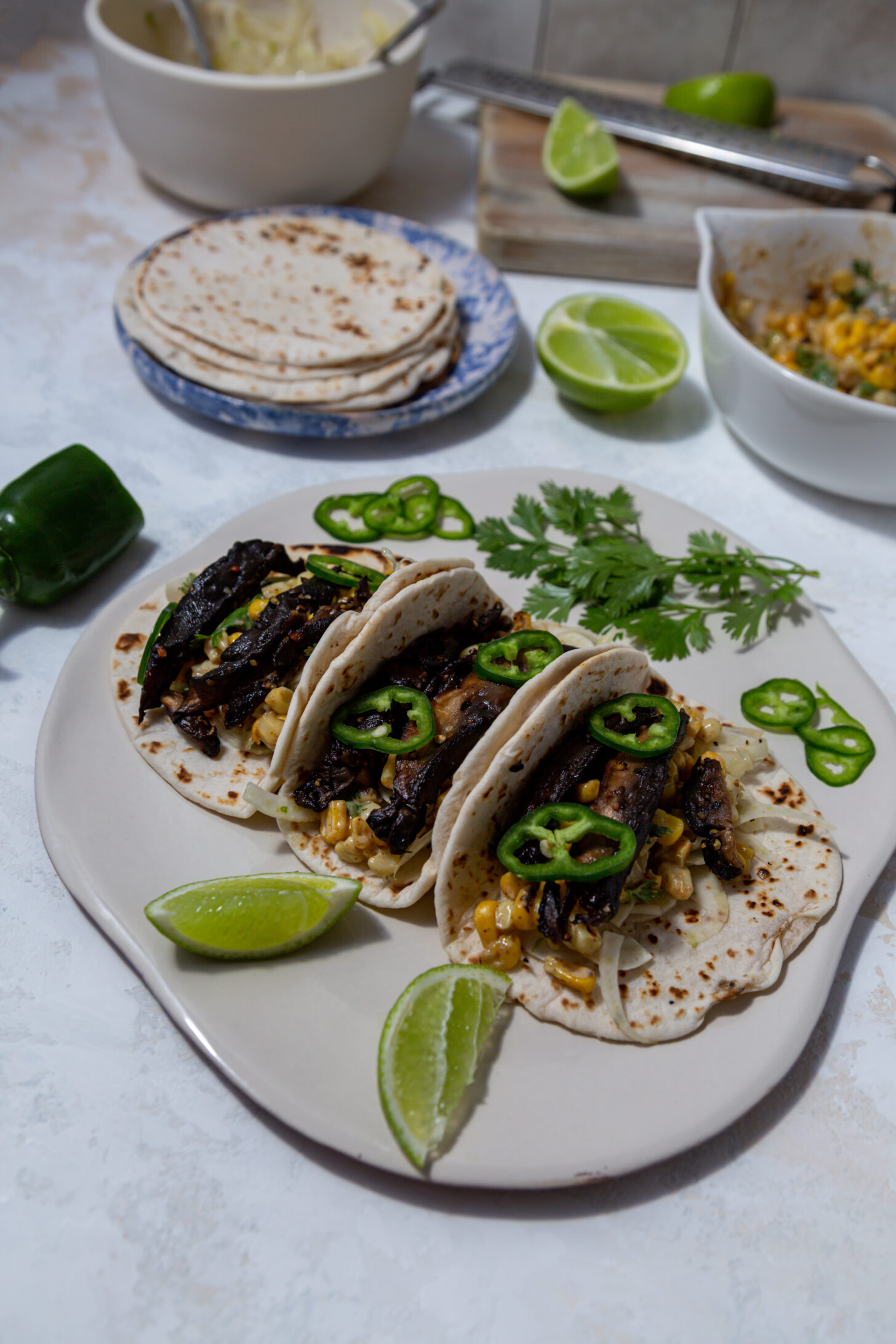 mushroom steak elote tacos