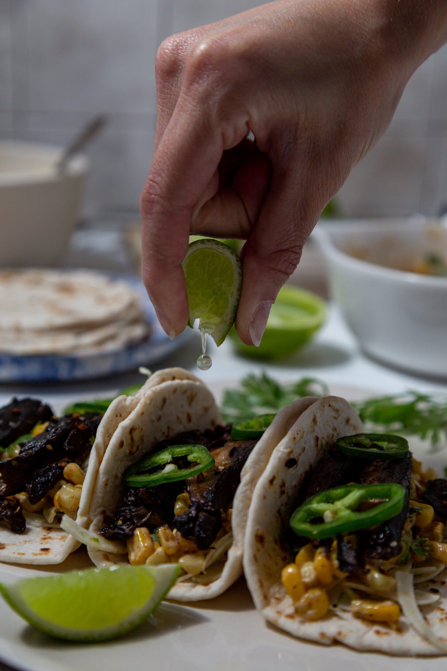 mushroom steak elote tacos