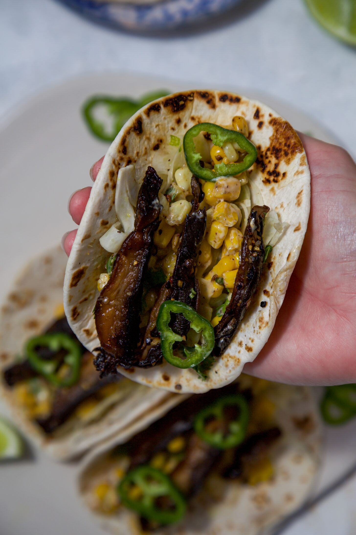 mushroom steak elote tacos