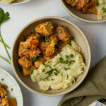 tofu steak bites with herb infused mashed potatoes