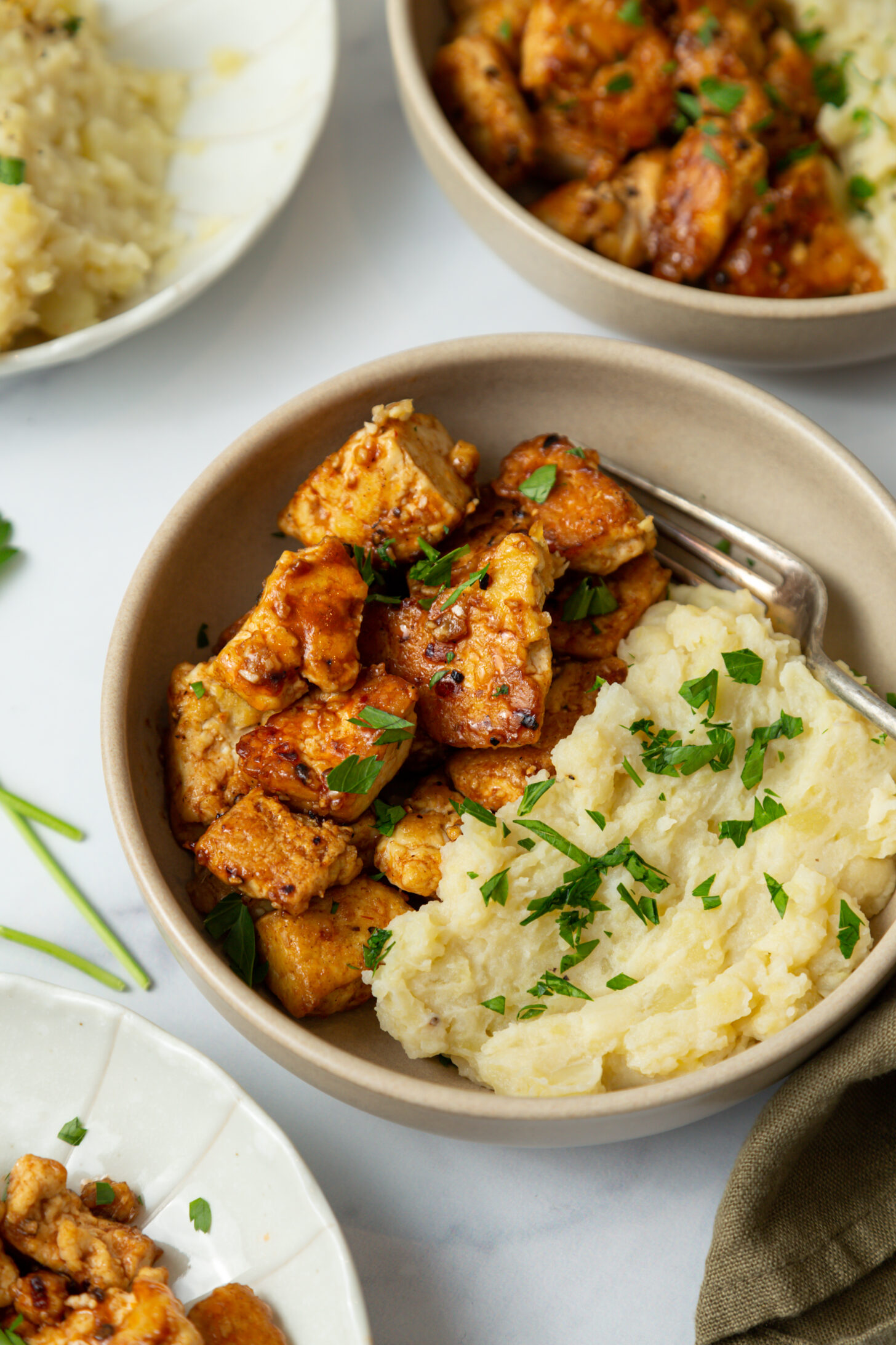 tofu steak bites with herb infused mashed potatoes