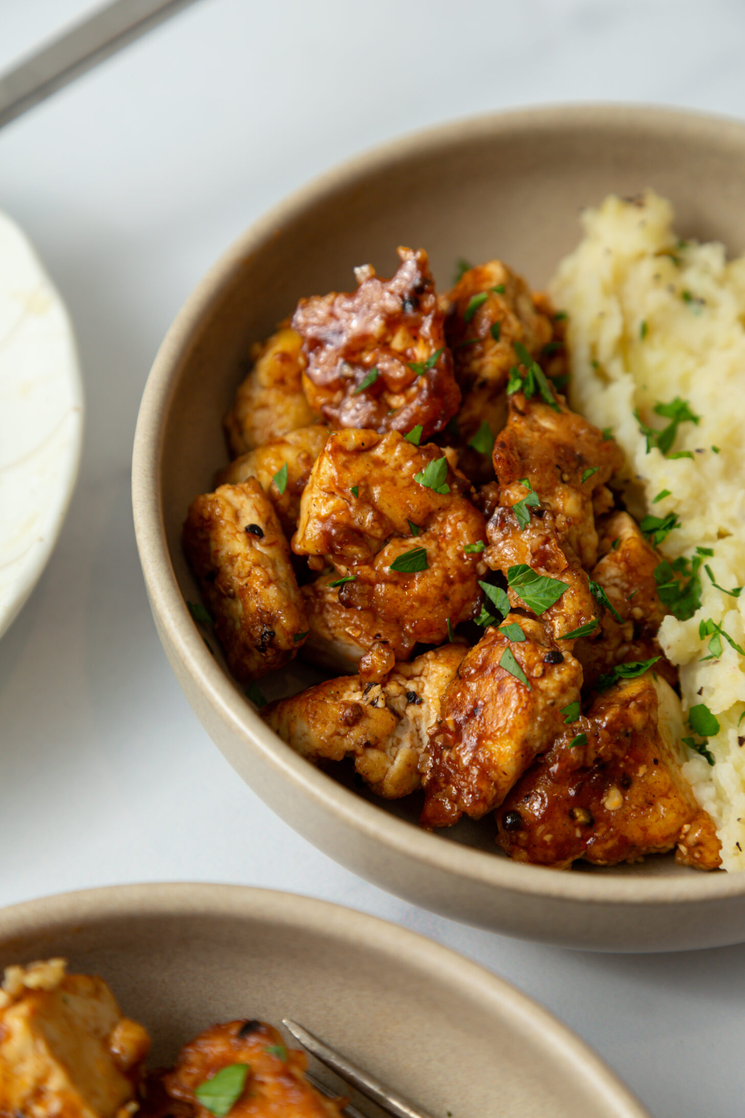 tofu steak bites with herb infused mashed potatoes