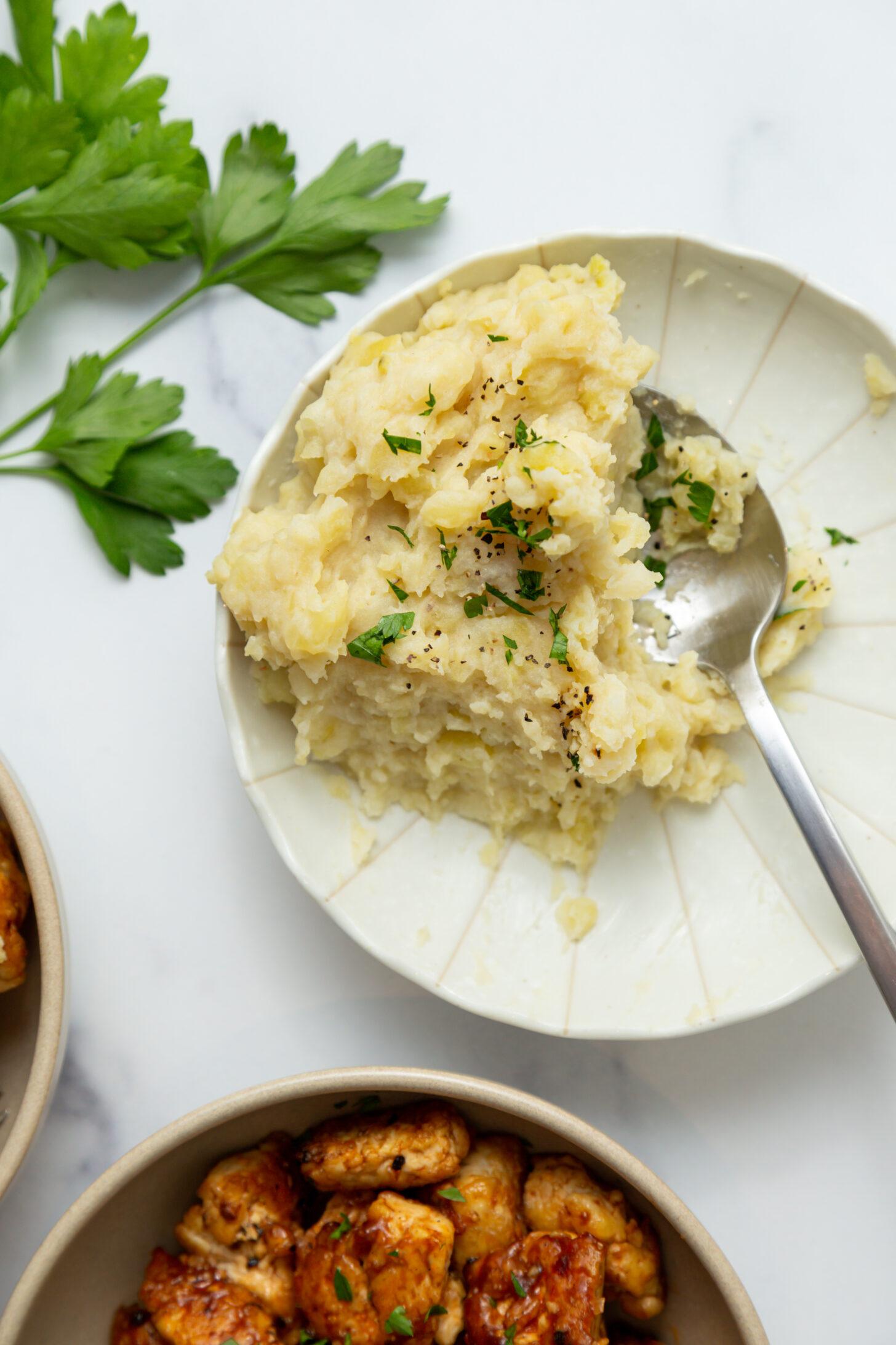 tofu steak bites with herb infused mashed potatoes