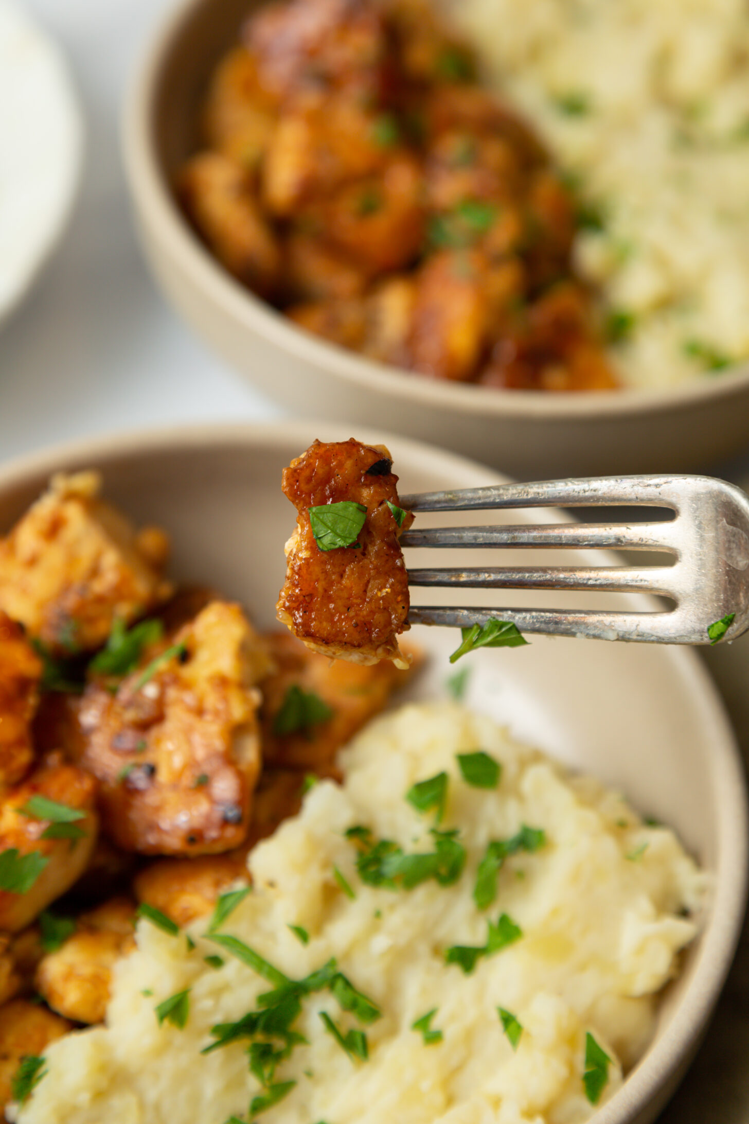 tofu steak bites with herb infused mashed potatoes