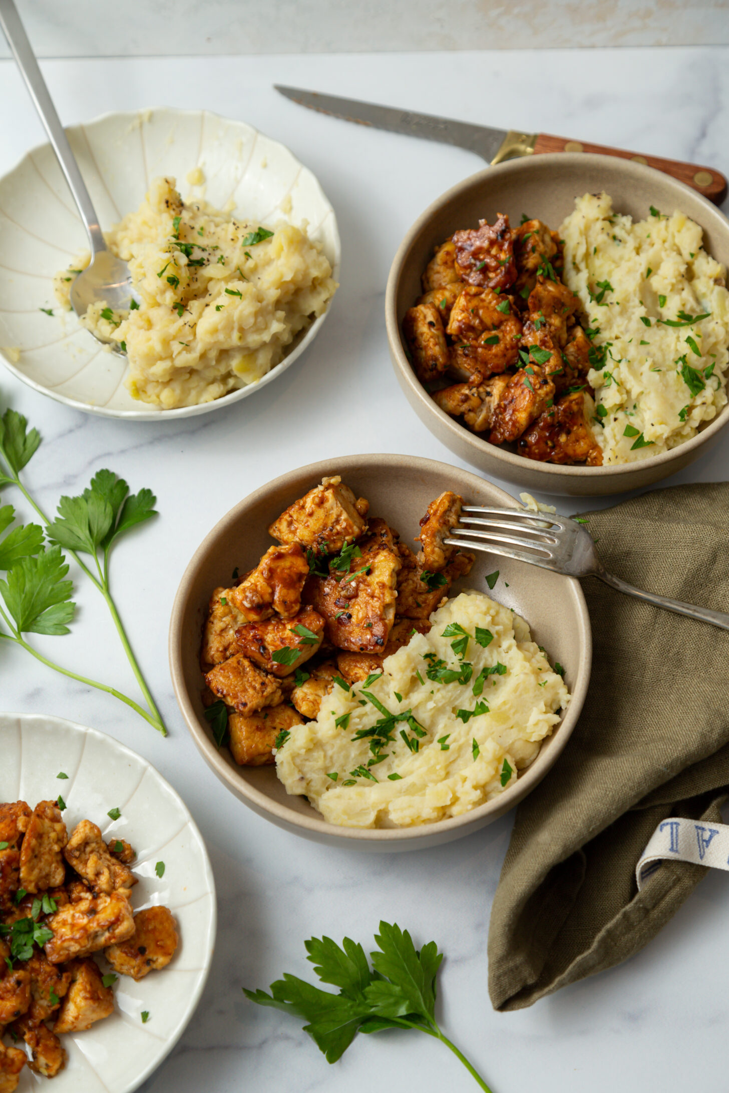 tofu steak bites with herb infused mashed potatoes