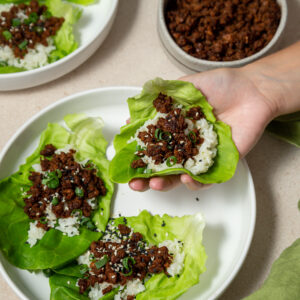 hand holding a beef lettuce cup