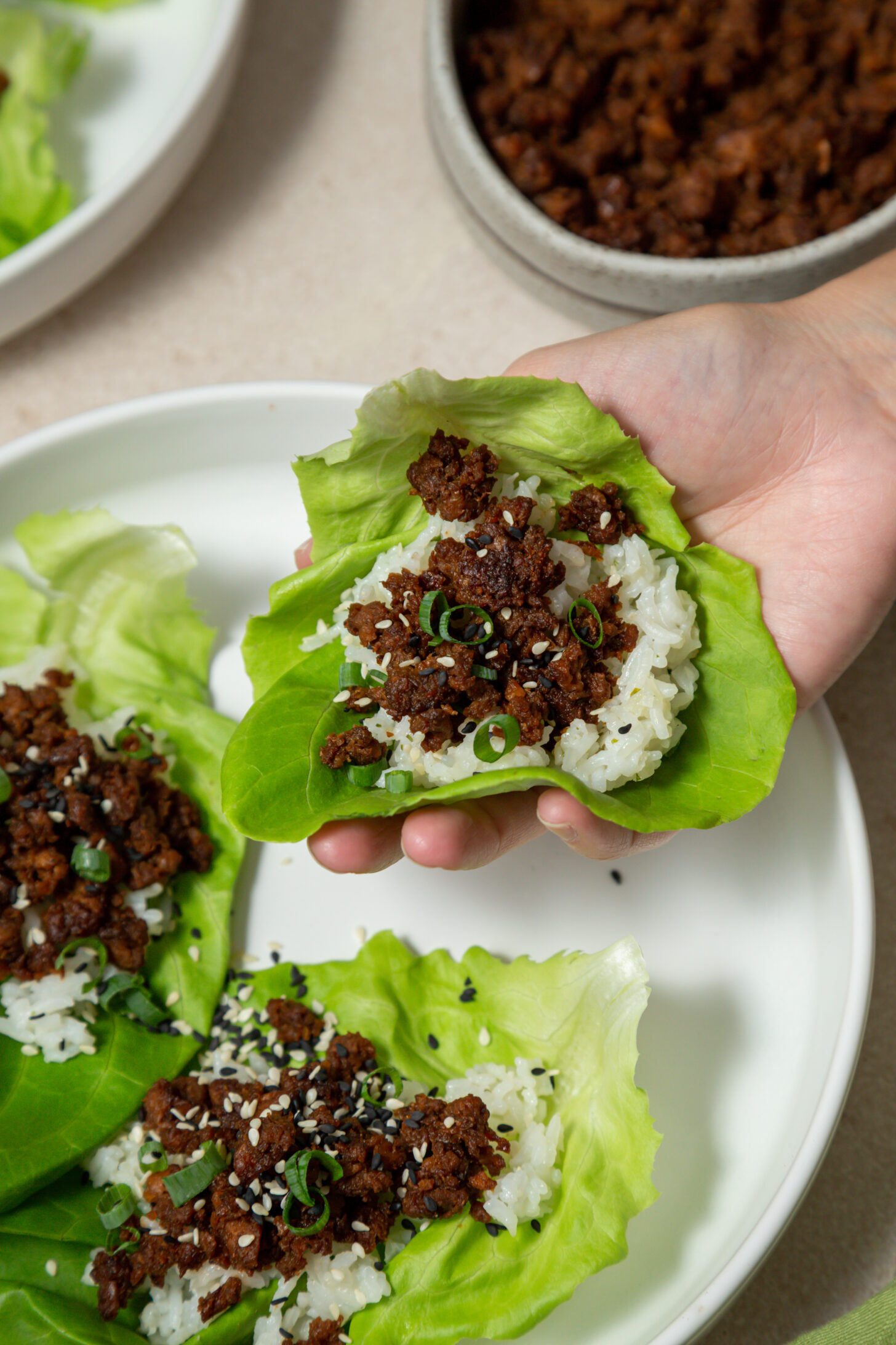 hand holding a beef lettuce wrap