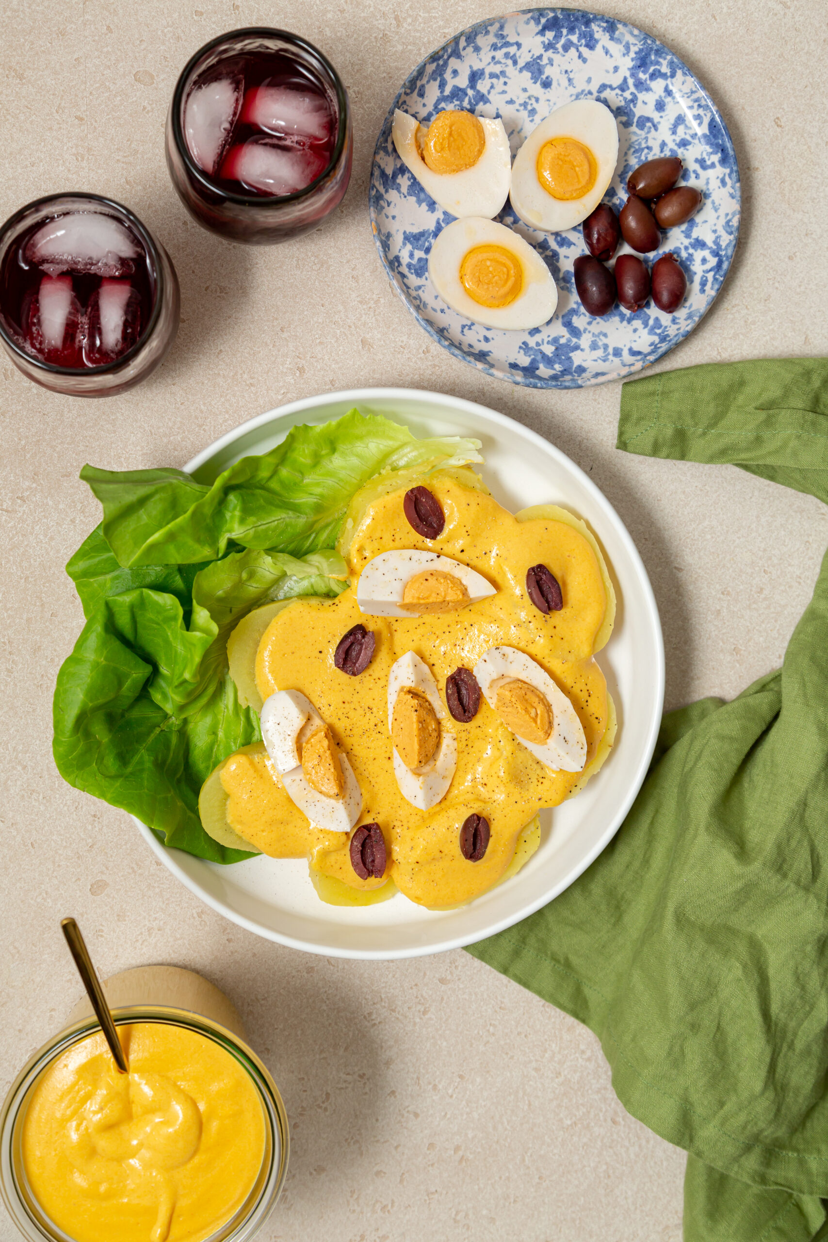 papa a la huancaina with chicha morada