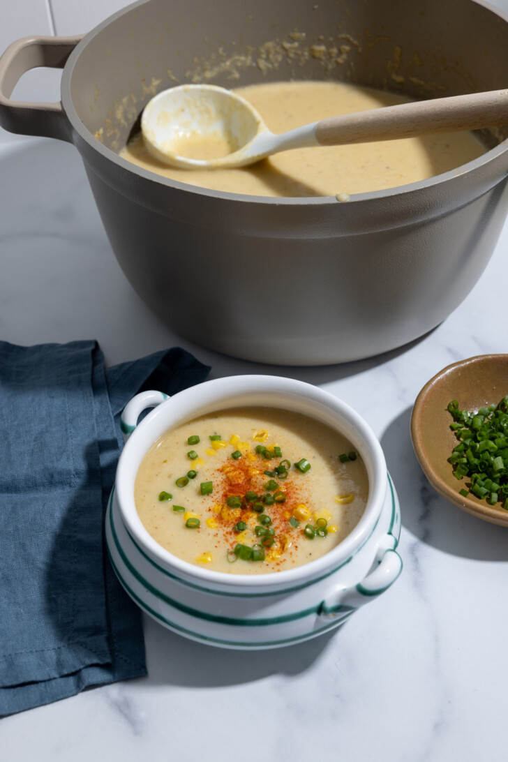 Bowl of fresh corn chowder with coconut milk and potatoes