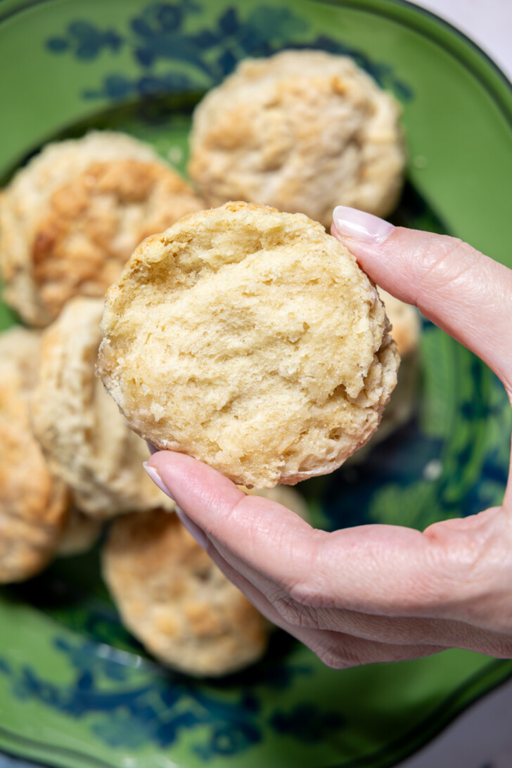 Inside view of a vegan sourdough discard biscuit showing soft, airy crumb